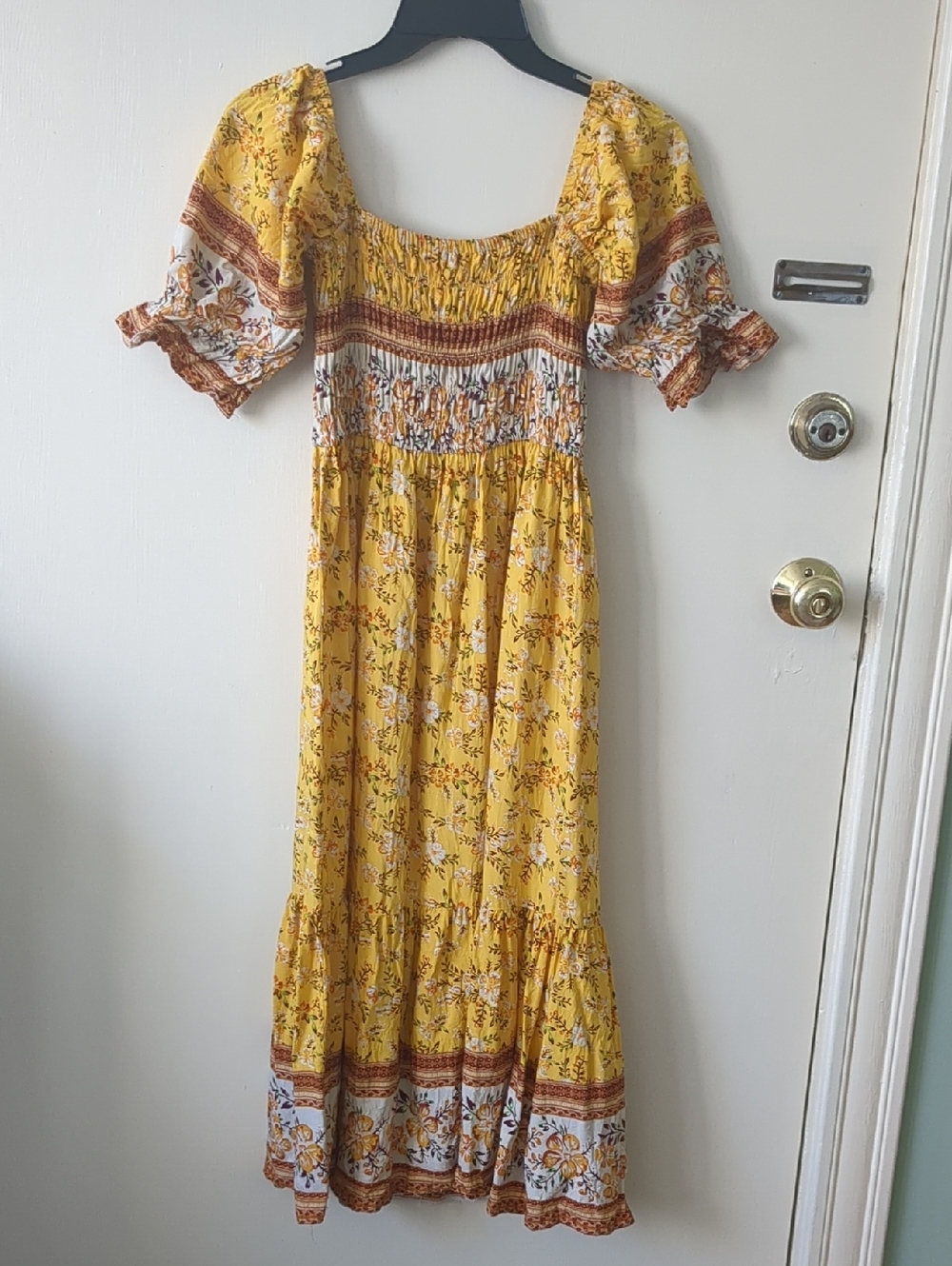 Yellow Print Summer Dress w/Elastic Bodice & Ruffle Contrast Border, Size Small